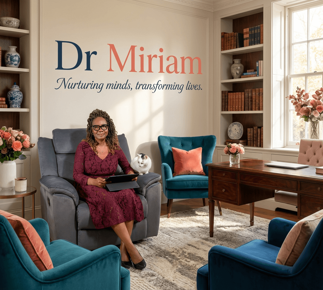 Dr Miriam and cat in an editorial office hero image with integrated branding text